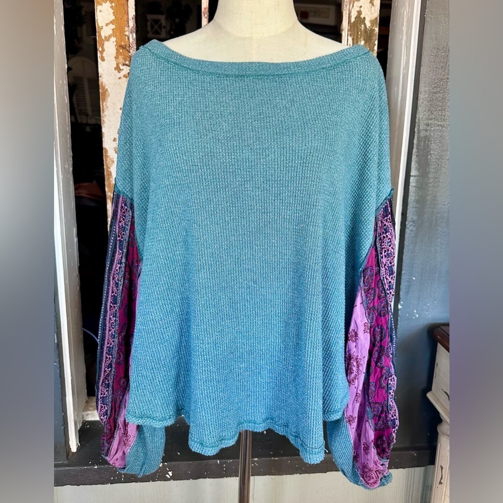 Free People Blossom Oversized Thermal Teal Waffle Knit Boho Dolman Top M - Picture 2 of 8